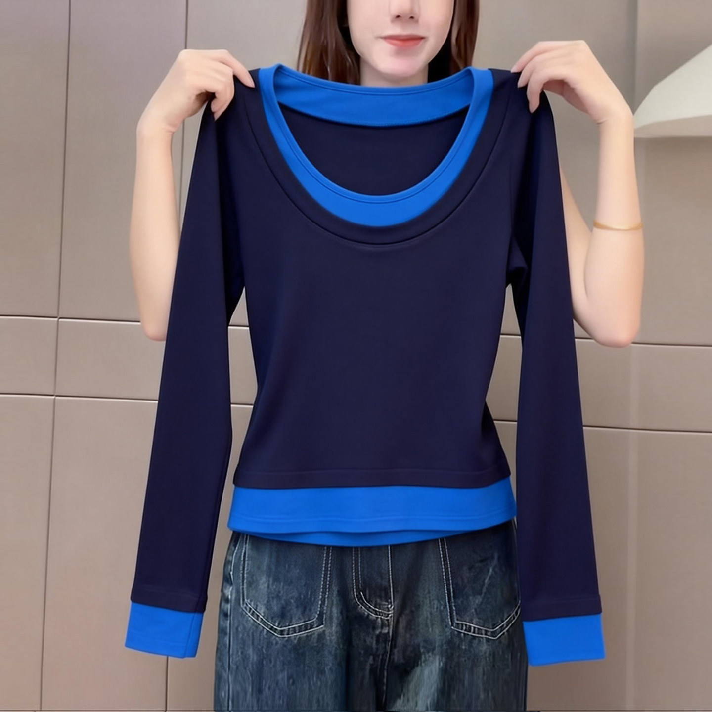 藏蓝色假两件设计感低圆领长袖t恤女春季新款撞色叠穿内搭上衣潮,女装/女士精品,大码内搭,淘宝优惠券,粉丝福利购,淘宝优惠卷