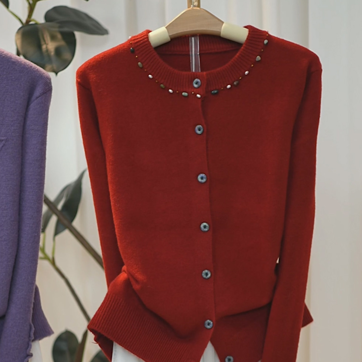 红色长袖圆领针织开衫女圣诞新年