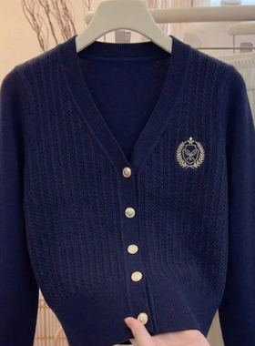 洋气时尚学院风徽章刺绣v领针织开衫女秋冬款藏蓝色收要毛衣外套