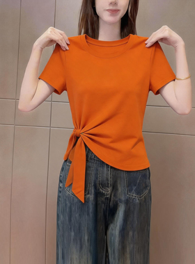 欧货高端时尚橙色圆领短袖t恤女纯色不规则下摆系带气质上衣夏季