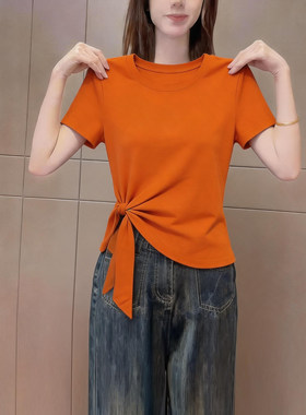 欧货高端时尚橙色圆领短袖t恤女