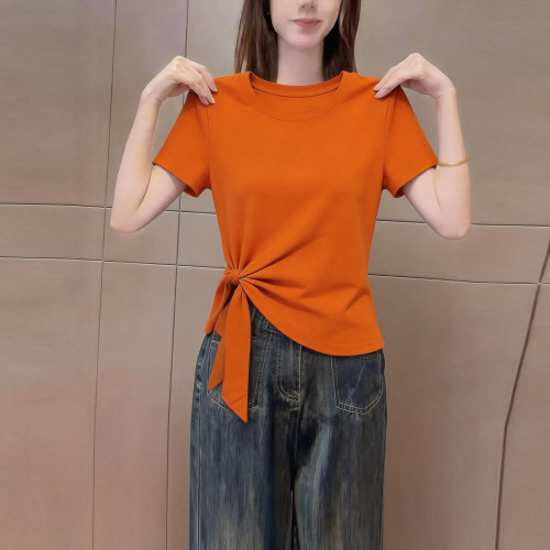欧货高端时尚橙色圆领短袖t恤女
