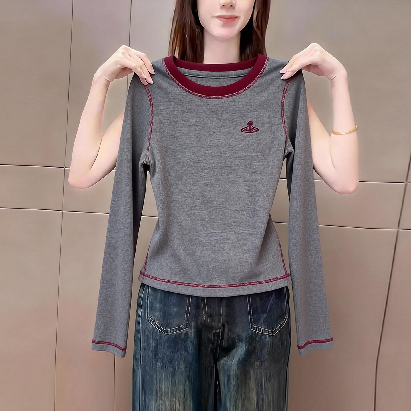 早春季新款小众撞色圆领长袖t恤女时尚明线设计百搭显瘦打底上衣