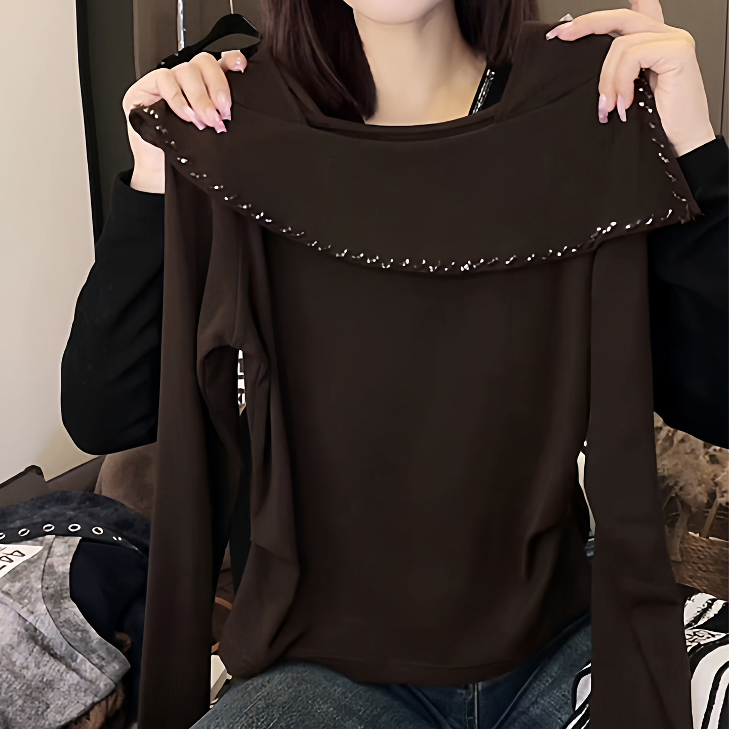 秋冬季新品法式烫钻方领长袖t恤