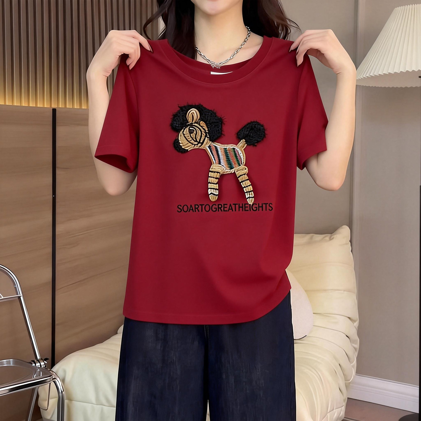 2026春季新品时尚卡通刺绣圆领短袖t恤女红色本命年新年内搭上衣,女装/女士精品,大码内搭,淘宝优惠券,粉丝福利购,淘宝优惠卷