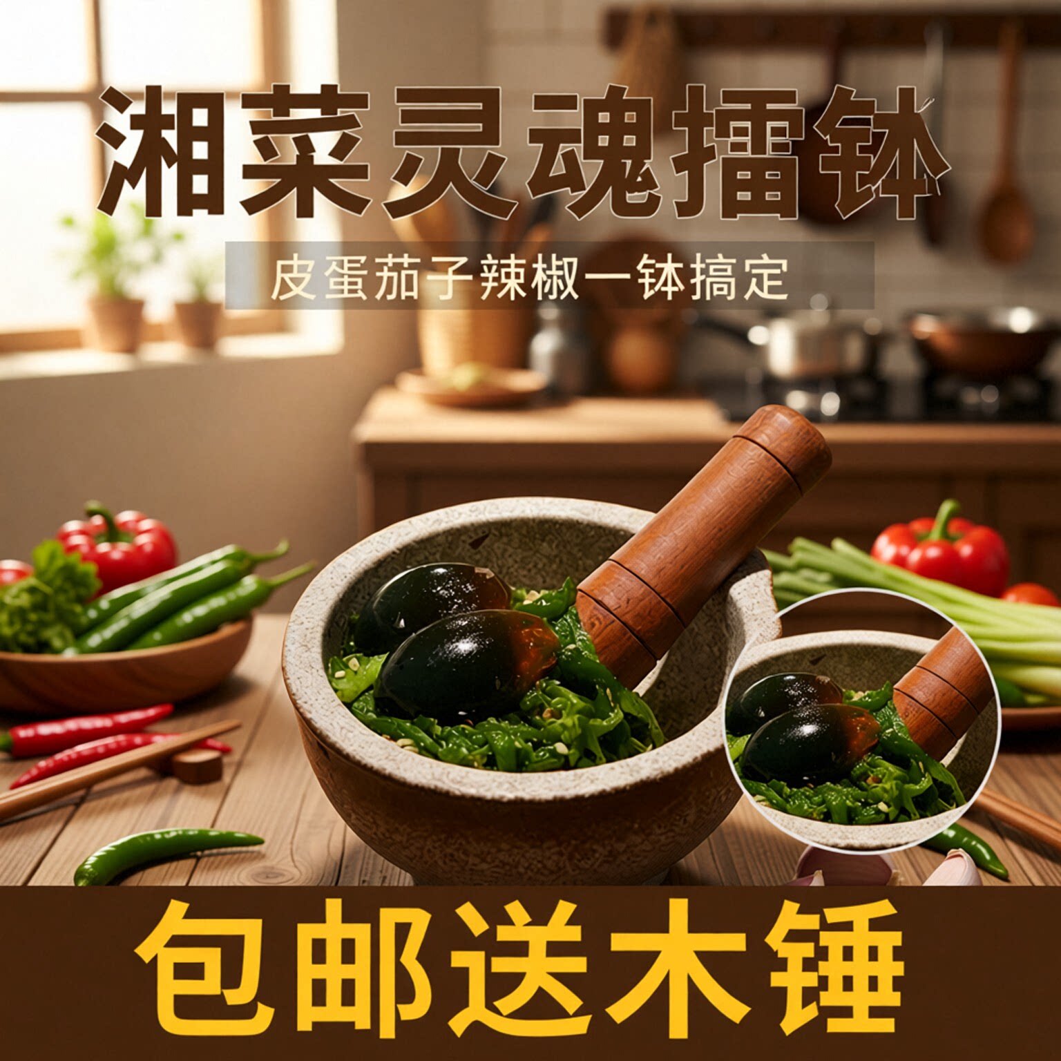 包邮湘菜新擂钵擂皮蛋茄子擂辣椒新式圆擂钵碗捣蒜擂香根钵送木锤
