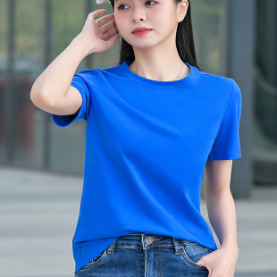 t恤女团队定制logoT 圆领宽松纯棉短袖 欧洲站品牌2024新款 蓝色夏季