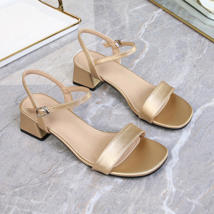 跨境简约气质凉鞋女外穿大码女鞋粗跟一字扣带高跟百搭中跟女士鞋