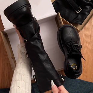 林北北粗跟厚底马丁靴女款 黑色英伦风百搭显瘦复古两穿靴子 秋季