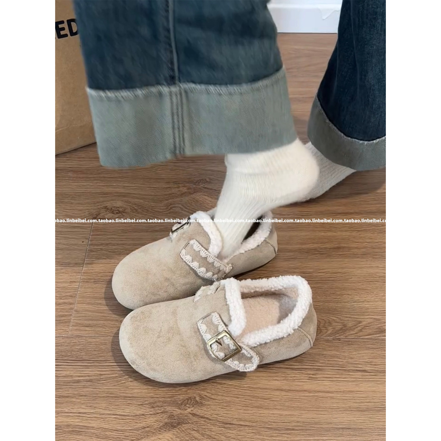 林北北保暖平底棉鞋女冬季复古白色加绒加厚一脚蹬软底勃肯鞋子,女鞋,棉鞋,淘宝优惠券,粉丝福利购,淘宝优惠卷