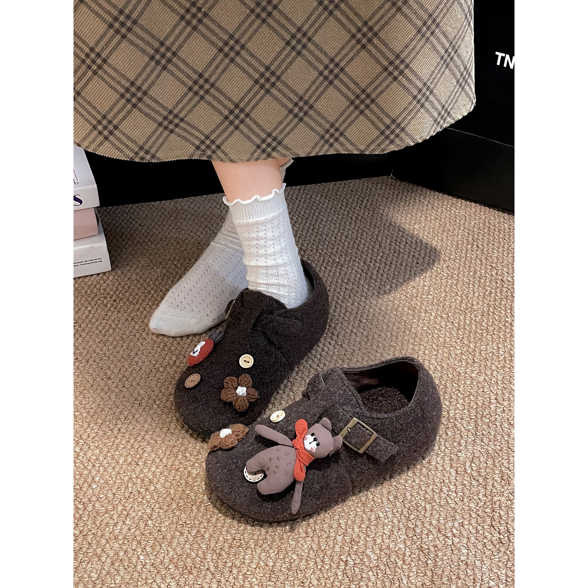 林北北复古棕色厚底勃肯鞋女