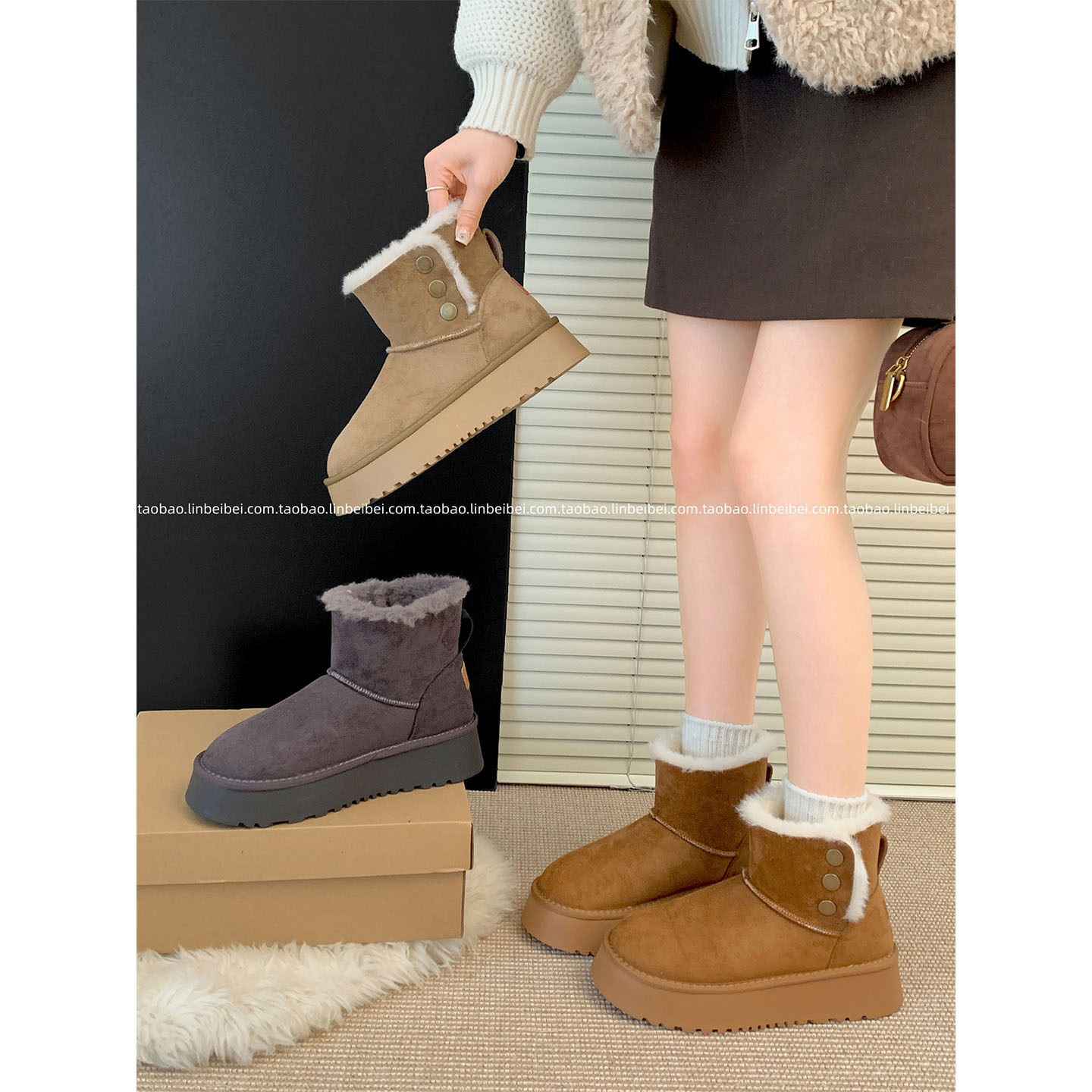 林北北复古加绒加厚棕色雪地靴女