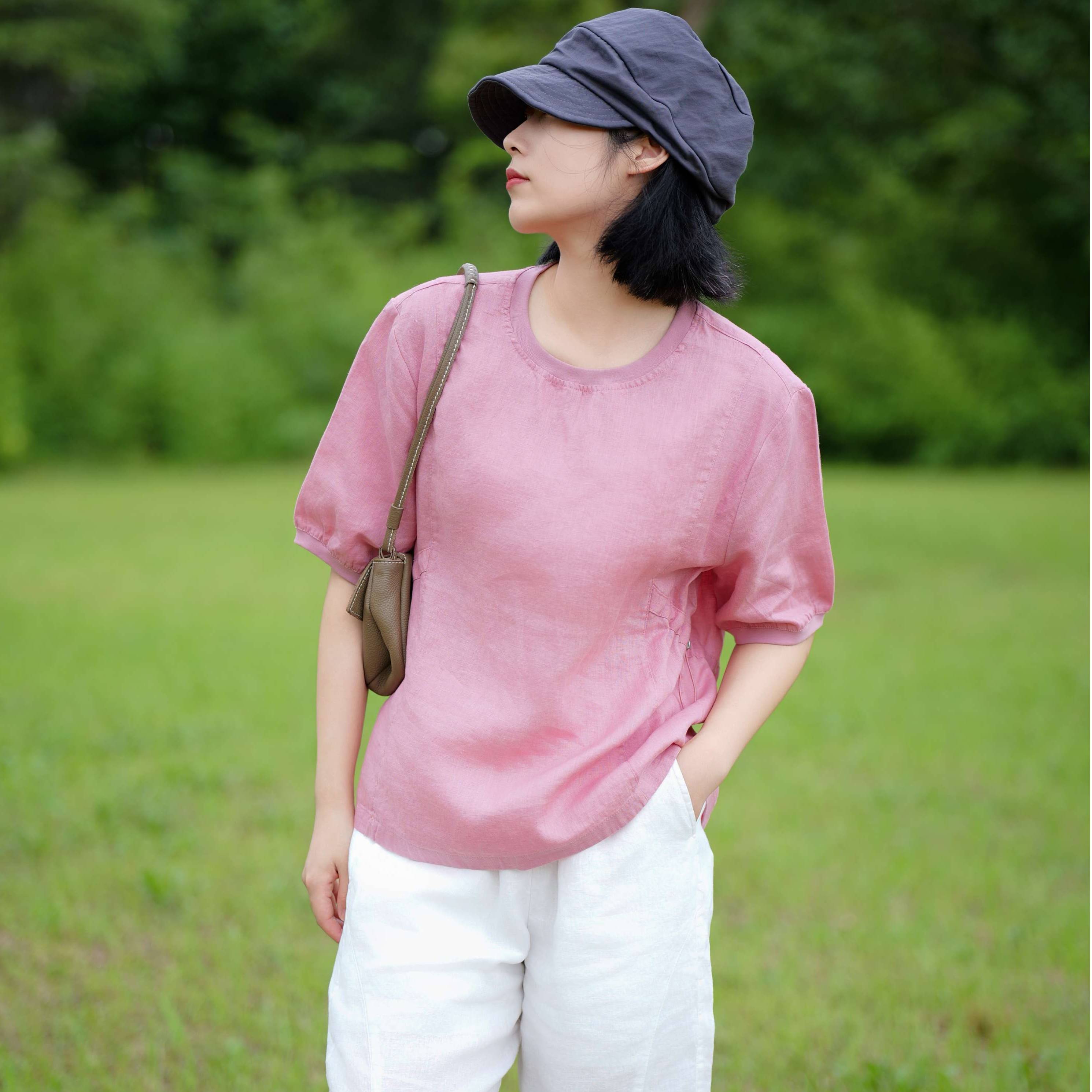 菲格林蔓纯亚麻抽绳短袖上衣显瘦