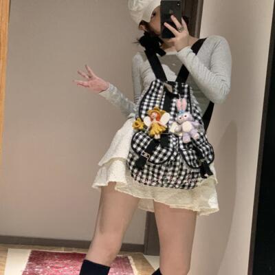 iFHHee 重工定制 格子蕾丝双肩包包 flet*t@ 主理人同款包包