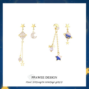 不对称宇宙星星月亮纯银耳环ab款耳钉显脸小长款耳饰无耳洞耳夹女