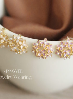 满园绣花|紫色珍珠花朵耳饰夏天仙气珐琅耳环高级感法式精致耳钉