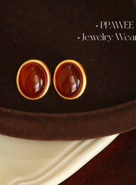相思豆|红色玛瑙复古港风哑金耳环本命年耳饰2026过新年秋冬耳钉