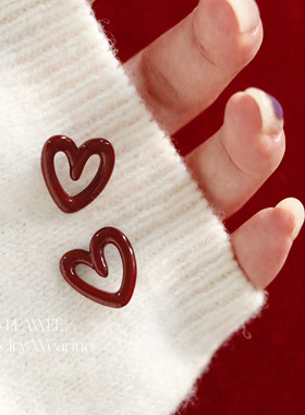 甜心奶泡|安可拉红色爱心气质耳环冬天复古几何耳饰艺术生银耳钉