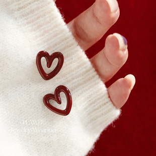 甜心奶泡|安可拉红色爱心气质耳环冬天复古几何耳饰艺术生银耳钉