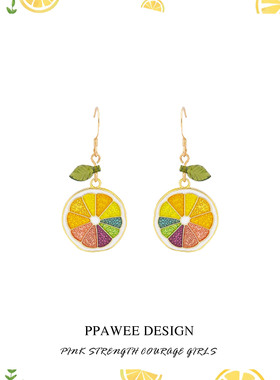 适合夏天的黄色柠檬耳环金属耳饰圆圈水果耳饰彩色耳钉夸张耳夹女