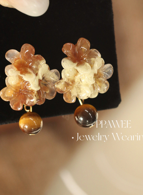 落日海棠|美拉德虎眼石咖色耳饰女秋冬高级感耳环新中式花朵耳钉