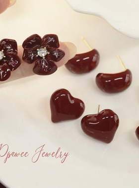 红黛记|暖冬显白安可拉红色珐琅花朵耳环爱心耳饰女精致秋冬耳钉