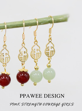 PPAWEE原创福字珍珠小葫芦新中式国风耳饰女红色玛瑙耳环旗袍耳钉