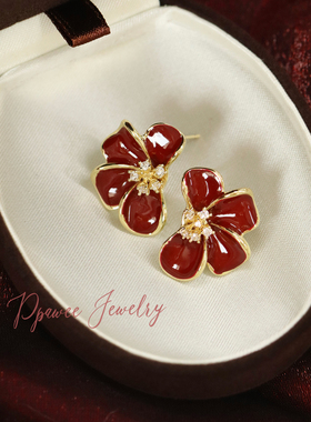 幽兰枝|红色珐琅花朵耳饰独特绝美2026耳环高级感轻奢锆石银耳钉