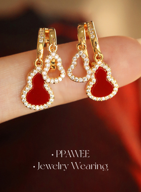 福禄双全|复古红色镶钻葫芦耳饰新年锆石耳钉新中式国风轻奢耳环