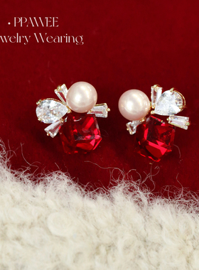 霓虹方糖|红色方糖水晶珍珠耳环过新年爆闪花朵耳钉秋冬锆石耳饰