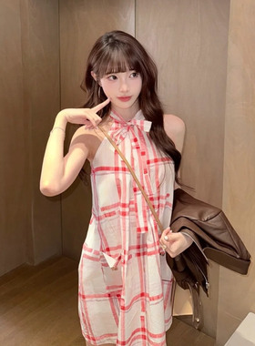 2025新款蝴蝶结连衣裙手绘红格纹短裙装印花挂脖时尚裙子连衣裙