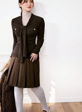 Dilan  羊毛混纺系带内搭外穿针织衫女冬季V领百搭纯色上衣