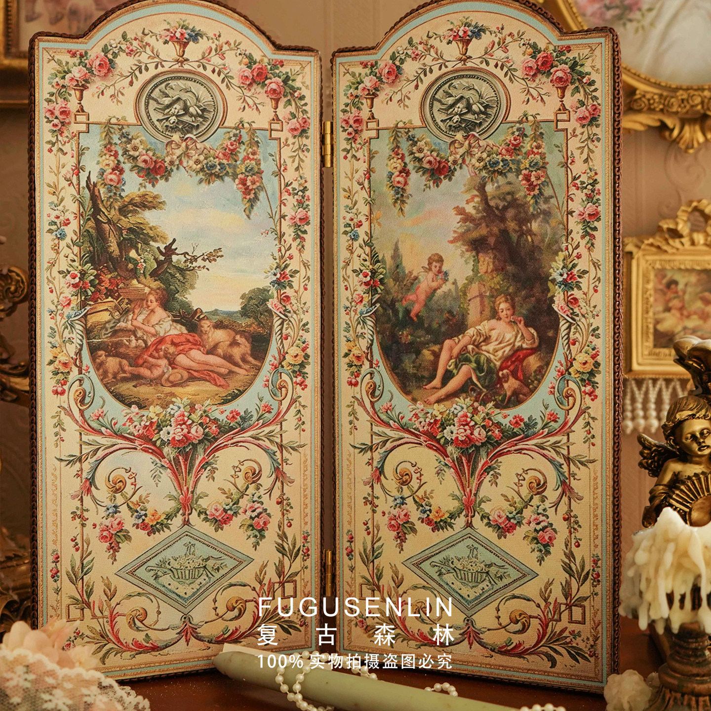 复古森林法式手作木制屏风古朴典雅轻奢画框壁挂民宿装饰家居摆件