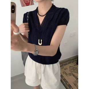 針織衫 絕美鉤花飛飛袖 設(shè)計(jì)感小眾V領(lǐng)女士上衣潮 法式 3318