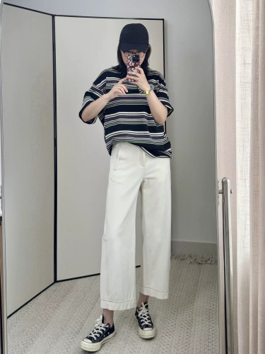 高腰宽松直筒牛仔裤女米白色立体拼接休闲八九分弯刀裤2025夏斜纹