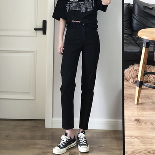 不褪色高腰八九分宽松哈伦萝卜牛仔裤 老爹纯黑色通勤 女直筒烟管裤