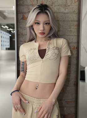 HoneYmoon原创短款烫钻拉链T恤女宽松显瘦百搭上衣爵士舞荭荭同款