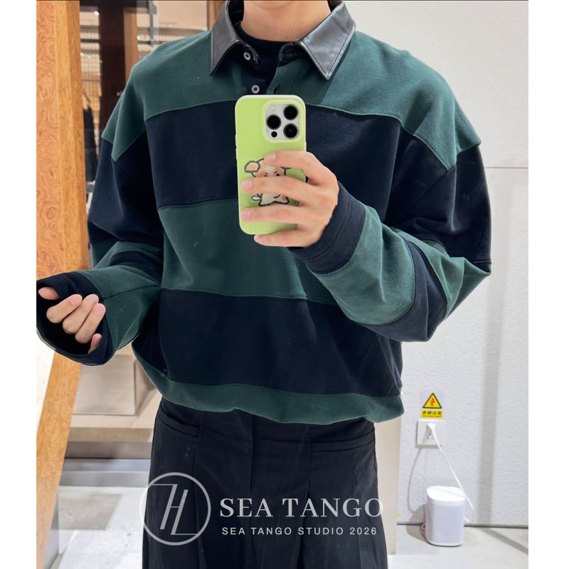 【放心拍】26北欧时装潮牌条纹拼接撞色皮领卫衣复古潮流POLO上衣