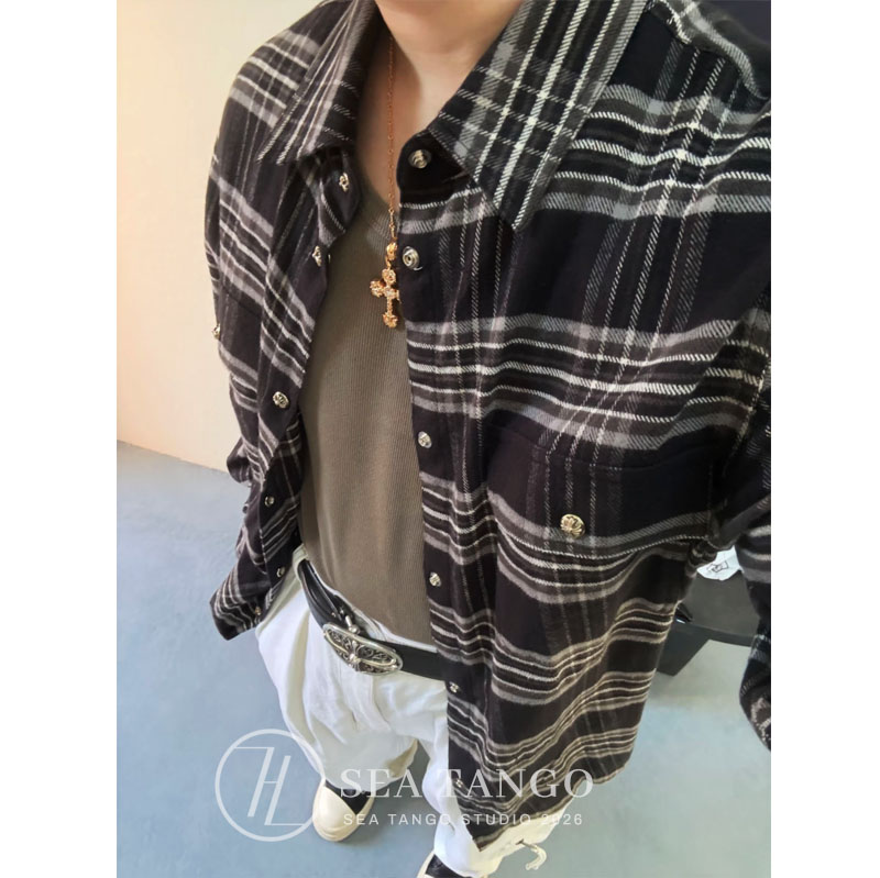 【放心拍】26秋冬潮牌法兰绒格子衬衫双口袋银扣磨毛男女衬衣外套