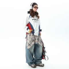 XONLIFE美式撞色拼接T恤赛车宽松长袖秋卫衣男字母印花百搭国潮牌