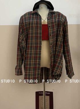 25秋季新款复古风大版宽松格子衬衫外套女长袖防晒上衣休闲两件套