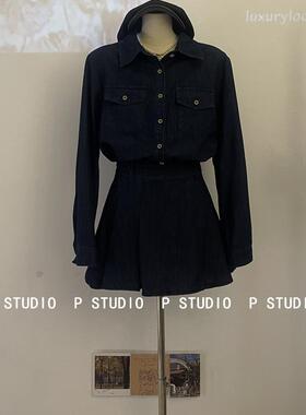 JY 秋季新款翻领纯色单排扣长袖牛仔衬衫+百褶半身裙套装女66013