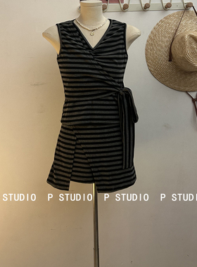 M2 STUDIO正版2025夏季新款法式气质v领条纹无袖收腰上衣女短裤裙