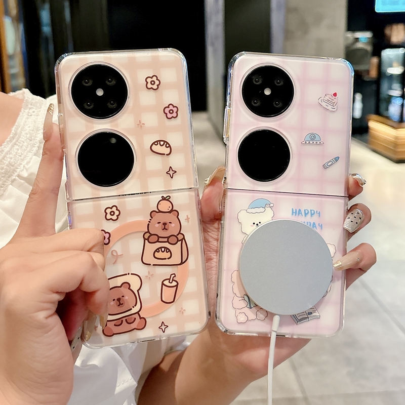 适用华为pocket2手机壳优享版新款imd卡通小熊poket折叠屏pockets2磁吸支架pock2可爱packet2肤感pk2透明外壳