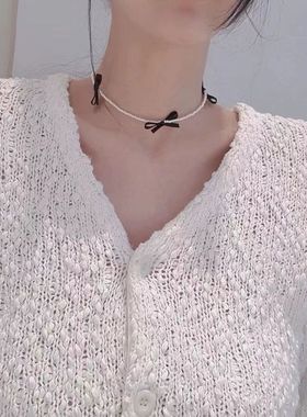 缎带蝴蝶结珍珠锁骨链串珠项链