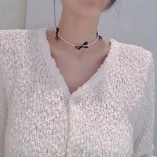 韩国queen新款缎带蝴蝶结珍珠黑色串珠甜美温柔项链锁骨链气质潮