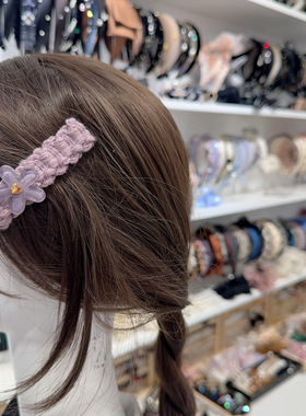 韩国发饰品秋冬新款紫色珍珠毛线水钻小花甜美鸭嘴夹边夹侧发夹女