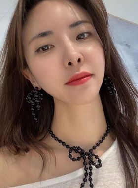 串珠蝴蝶结夸张项链锁骨链耳环
