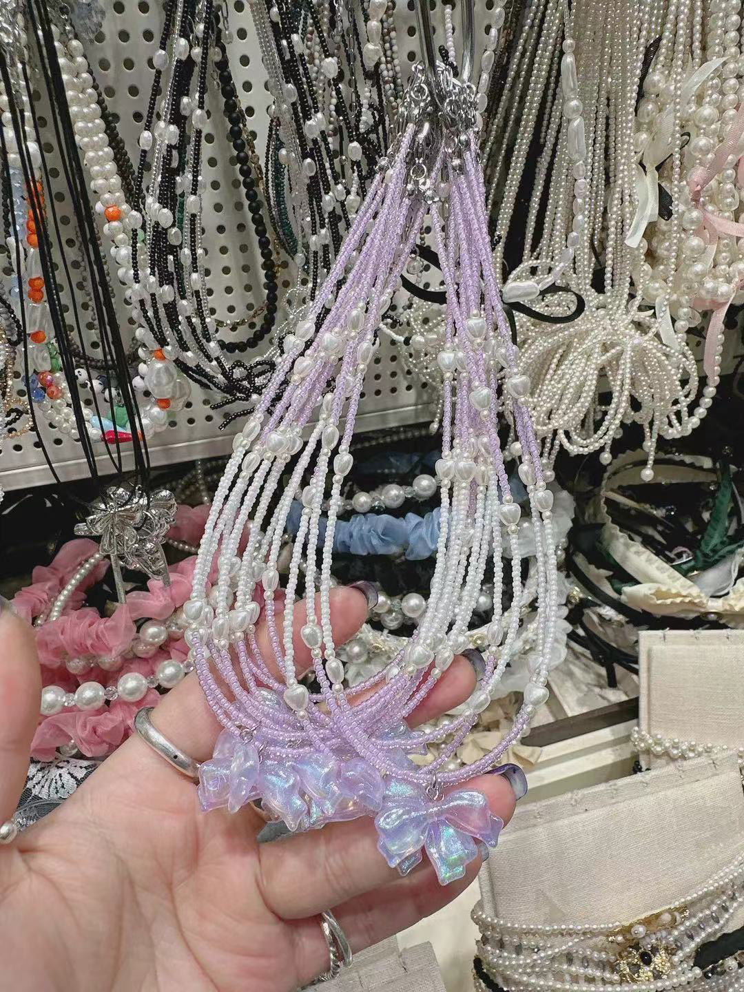 爱心珍珠串珠炫彩蝴蝶结项链