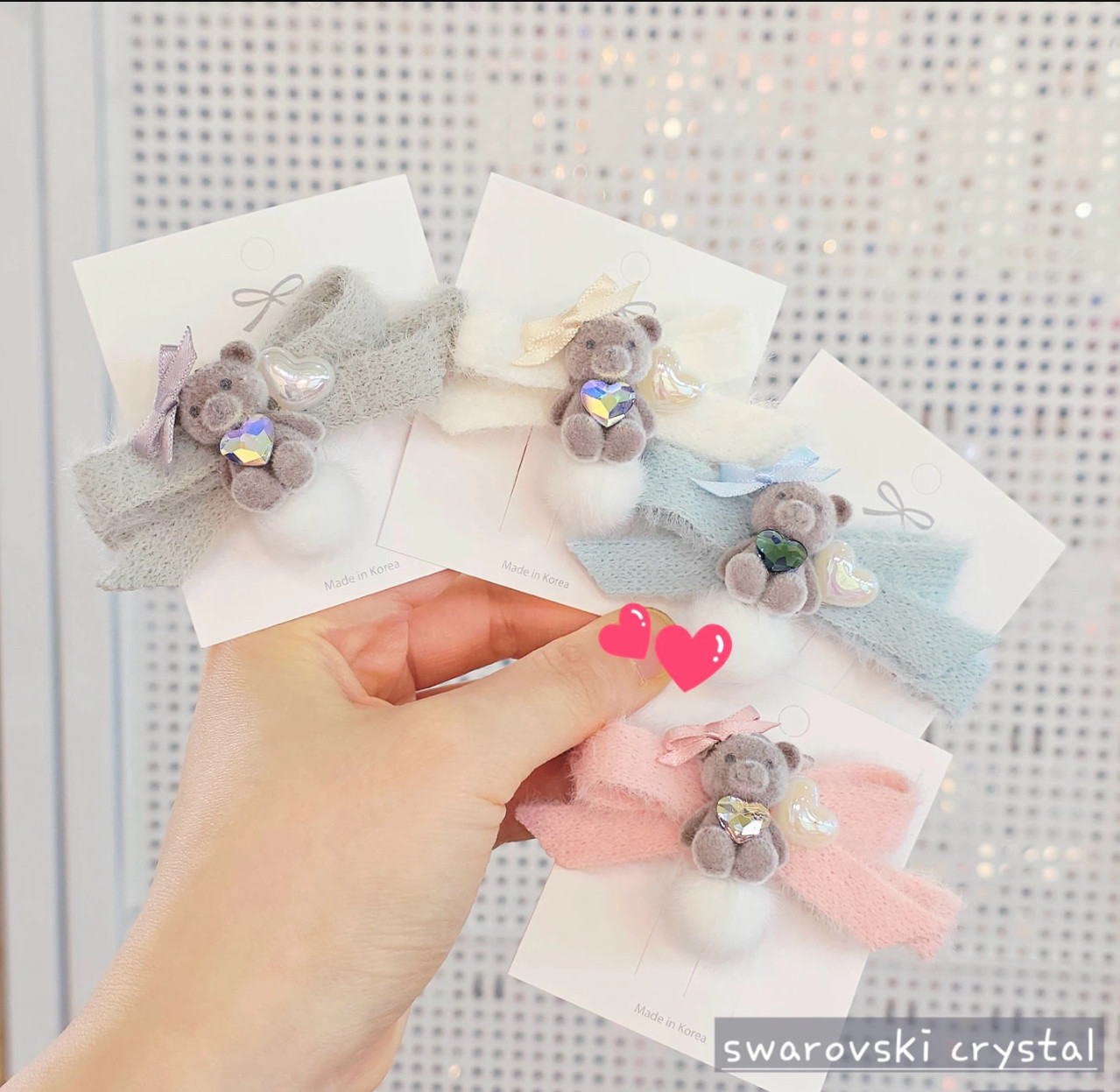 韩国新款发饰品针织毛线蝴蝶结S家水晶爱心小熊毛绒球球边夹发夹